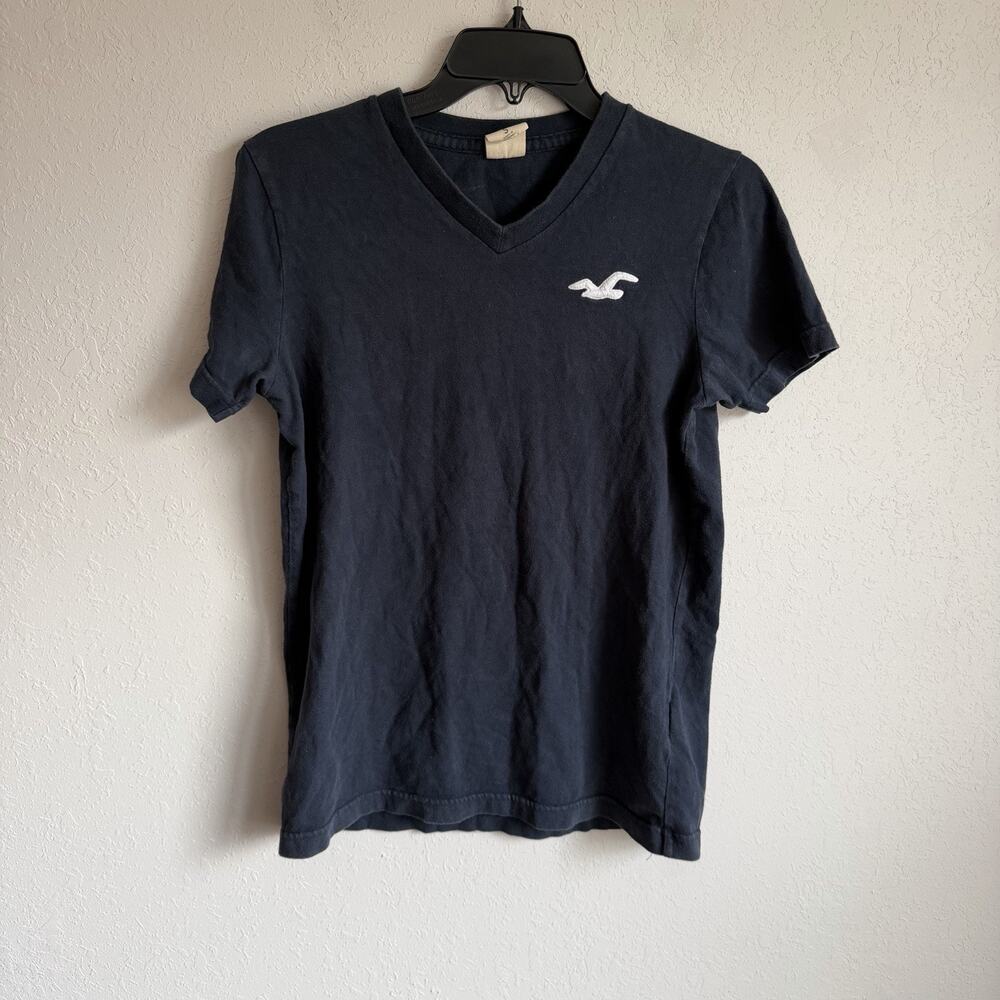 Hollister Navy White Embroidered Logo 100% Cotton V-Neck Short Sleeve Tee Mens S